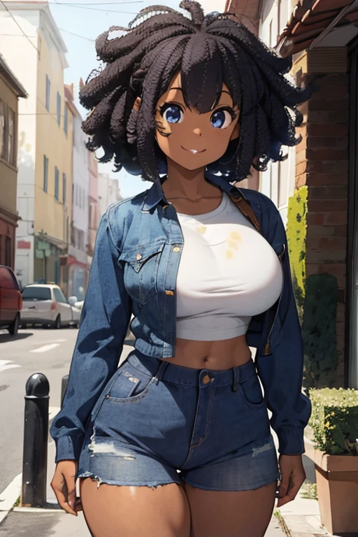 1 female, afro hair, black afro hair black girl afro hair, darker skin, brown skin, huge breast, thick legs, light blue eyes, pink sweater, blue jean, long jean, belly button long shirt, boots, home, bedroom, happy face, thick ass, butt butt, sexy pose, walking, smile
