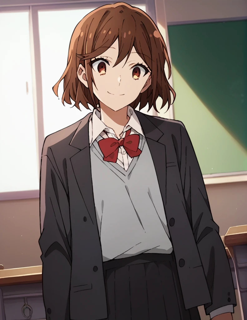 Score_9, Score_8_up, Score_7_up, sauce_anime,
kyokohori,  Kyoko Hori, Short Hair, Brown eyes, Brown Hair, Hair between the eyes,
shirt, Uniform, jacket, collared shirt, blazer, sweater, grey sweater, white shirt, black blazer, skirt, black skirt,Red bow tie,
indoor, classroom, smile, Hunchback cowboy shot, Observe the audience, Alone, Dutch Angle,