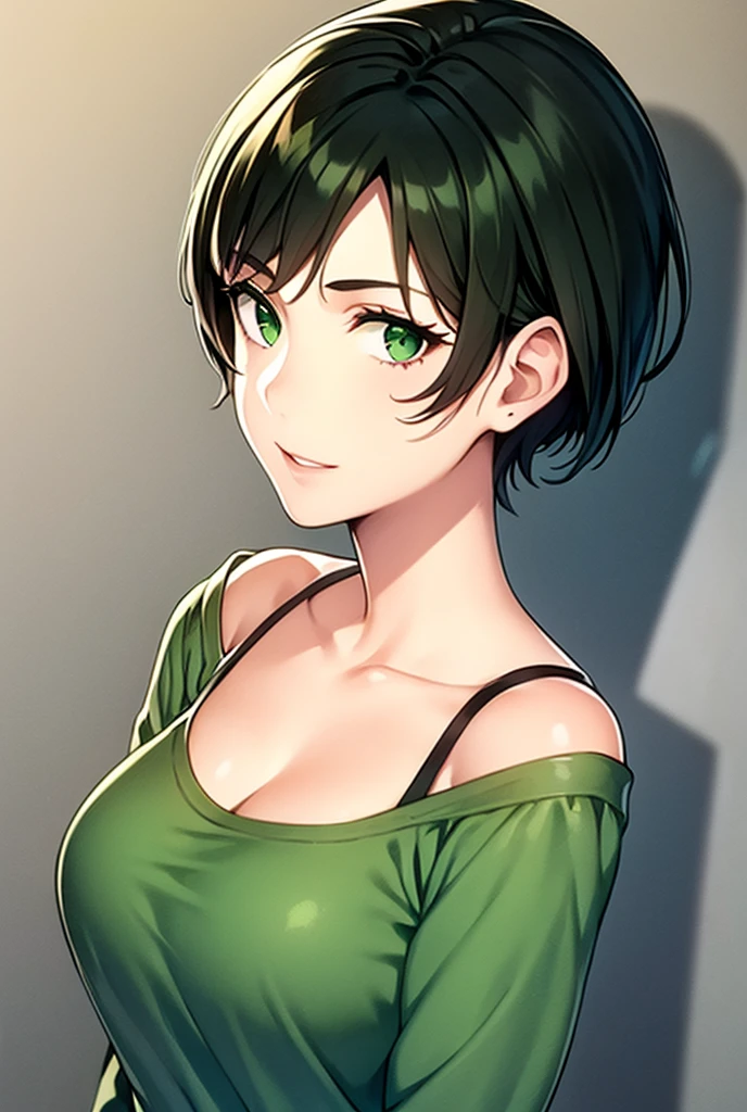 portrait of a beautiful young woman with short black hair, green eyes and coral lipstick, wearing a green floral top,Her shoulders are showing,