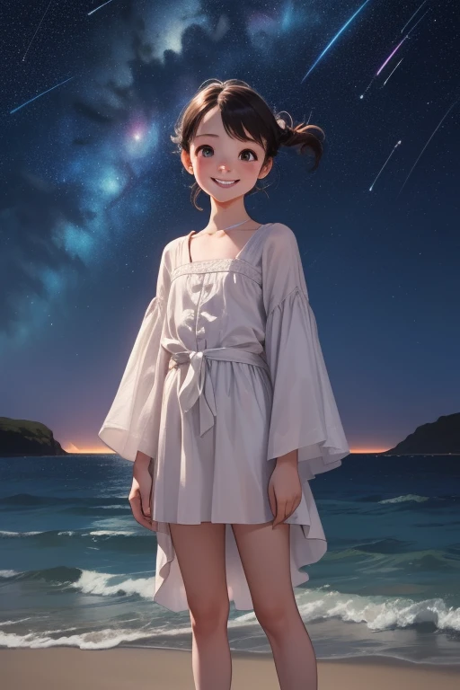 ((masterpiece,Best Quality, detailed)), Very young ，1 person，Cowboy Shot，(Lyric meaning: Lyric meaning: Very little girl:1.2)，Alone，(Charming smile:1.3)，Very short stature，Flat Chest，Standing，Observe the audience，(sea:1.3)，(Starry Sky:1.3)，moon，
