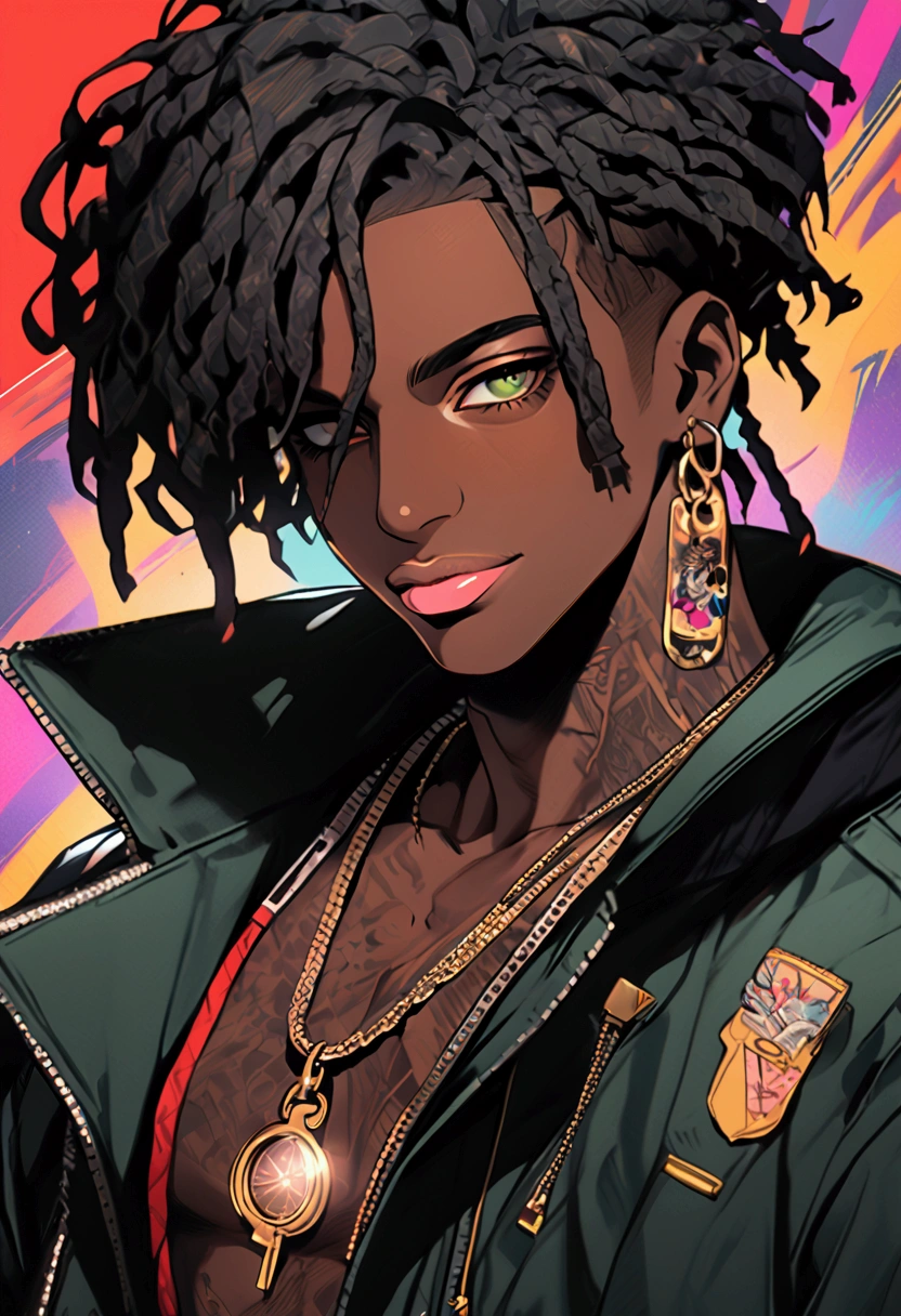 (masterpiece:1.2), (best quality, sfw), (ultra detailed), (8k, 4k, intricate),(closeup-shot:1), (highly detailed:1.2),(detailed background:1.2),((dark skin, beautiful face,plump lips, smiling)) (((black:0.75,gold:1.2, maroon:0.5))) An close up of a person with dreadlocks and a jacket, he has green eyes, there’s black tattoos on the right side of his face, tattoos on neck, trigger anime artstyle, dramatic artwork, playboi carti portrait, handsome guy in demon slayer art, chief keef, official art, lil uzi vert, playboi carti, official artwork, key anime art, high quality colored sketch, album art young thug, album art, semi-realistic cyberpunk style, portrait of a cyberpunk man, cyberpunk art ultrarealistic 8k, cyberpunk style ， hyperrealistic, cyberpunk character, trendin on artstation, cinematic full character, trending on artstation 4k, portrait of a cyberpunk cyborg, cinematic realistic portrait, cyberpunk hero perfectly photorealistic, incredibly detailed, UHD