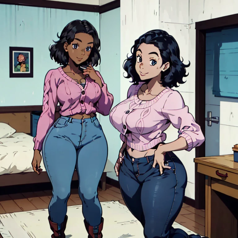 1 female, afro hair, black afro hair black girl afro hair, darker skin, brown skin, huge breast, thick legs, light blue eyes, pink sweater, blue jean, long jean, belly button long shirt, boots, home, bedroom, happy face, thick ass, butt butt, sexy pose, walking, smile, sitting down, eating, pizza
