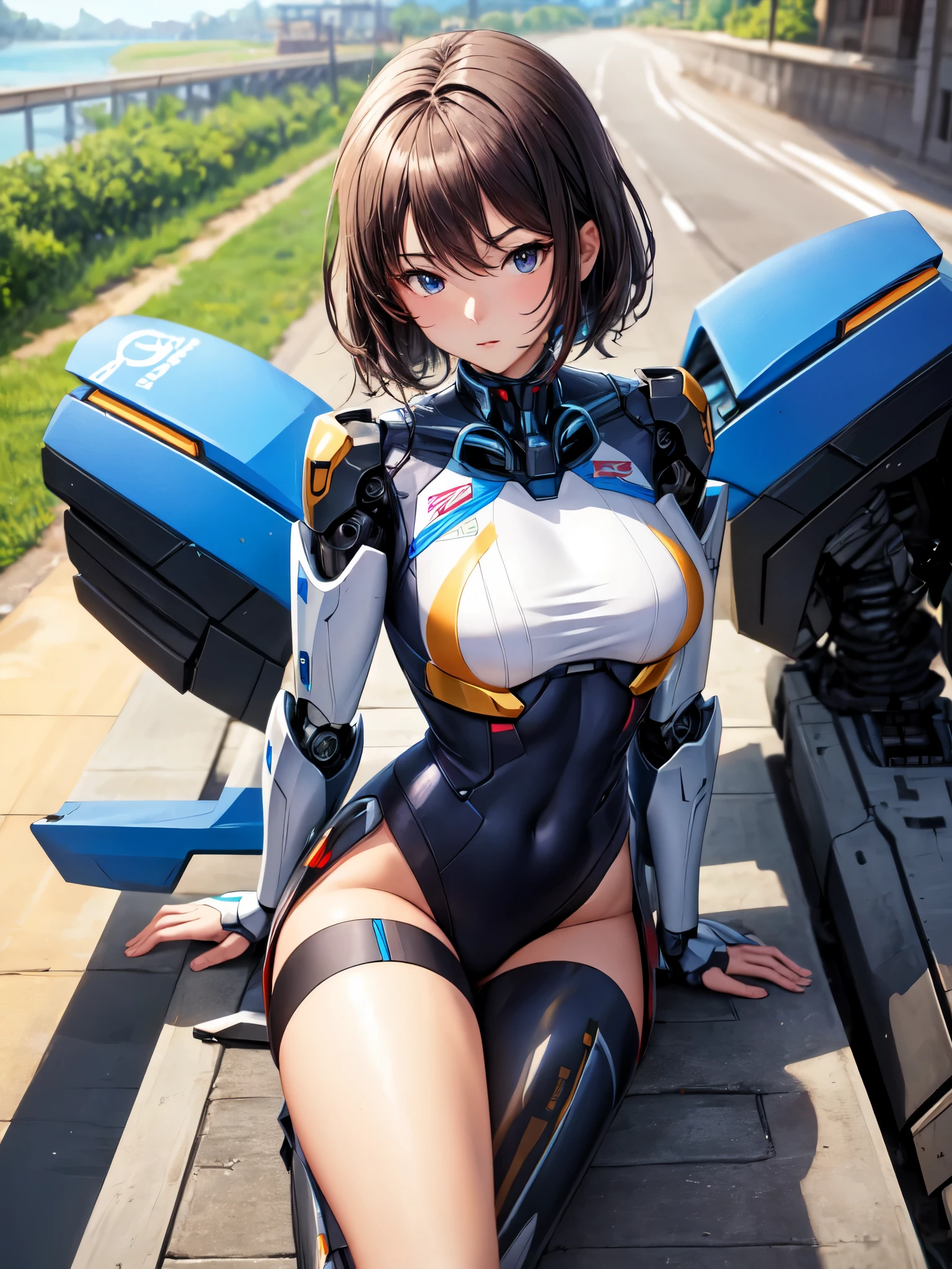 Highest quality,Masterpiece,High resolution,Super detailed,perfect anatomy,extremely detailed CG,girl,（Full body painting）、No correction、（（（Sato Air）））、（Character portrait）、Fighter of Justice、One unparalleled beautiful girl,Short Hair,Brown Hair,Blue Eyes,Big Breasts,Big Butt、Glossy black bodysuit、A plump and seductive body、The ultimate female body、smile,cute,Refreshing belly,,See-through clothing、Shiny skin、Wearing a mechanical miniskirt、（（Mecha Girl））、Knee socks、（Has mechanical wings on his back）、（Mechanical Limbs）、（Background is a ruined city）、（Hand guard）、