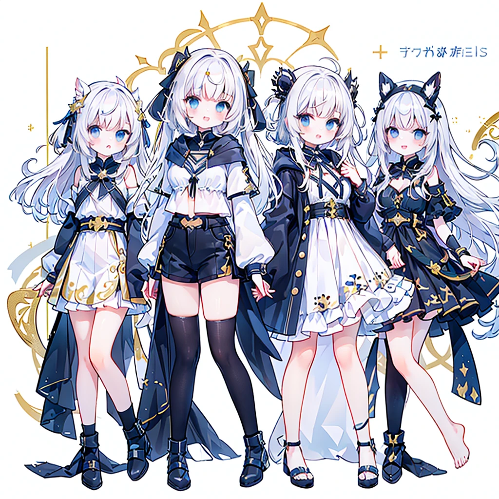 The best dynamic composition、Golden Ratio、Super detailed、(masterpiece、最high quality、high quality)、girl、White hooded、Long Hair、White Hair、Standing against a white background、Plumeria motif、Laughed、blue eyes、Researcher、Character Design、belt、modern、Cyberpunk、neutral、Shorts、