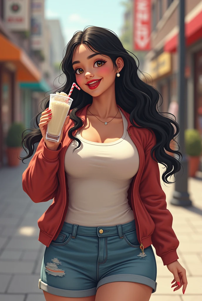Animated image of a 38-year-old woman with long black hair,Glasses, height of 1.55 cm dressed in a low-cut red shirt and black pants, with his little dog, listening to music and enjoying an ice cream