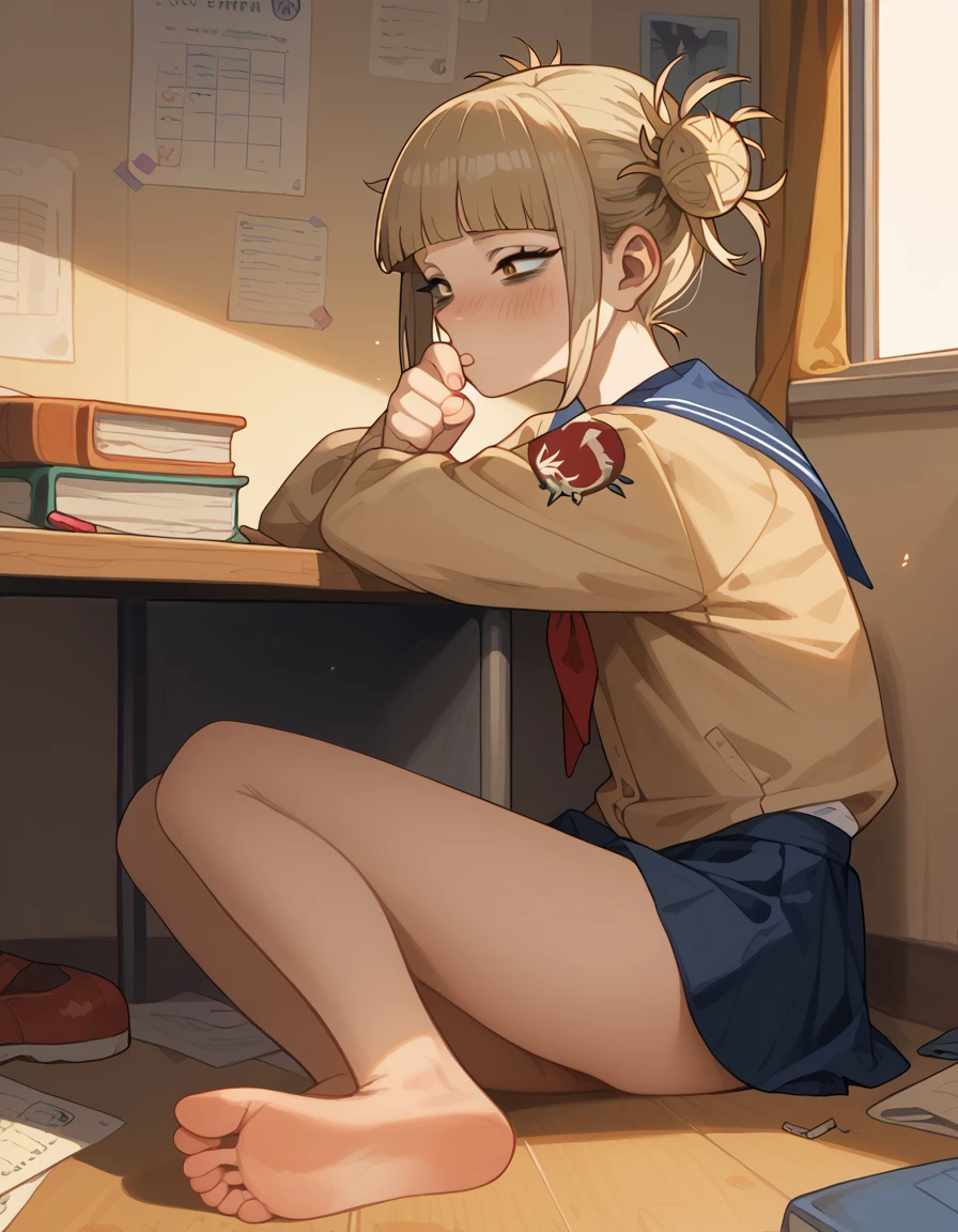 Himiko Toga masturbating, putting fingers in the vagina, sitting at a desk, full body, masturbandose, separating the legs 