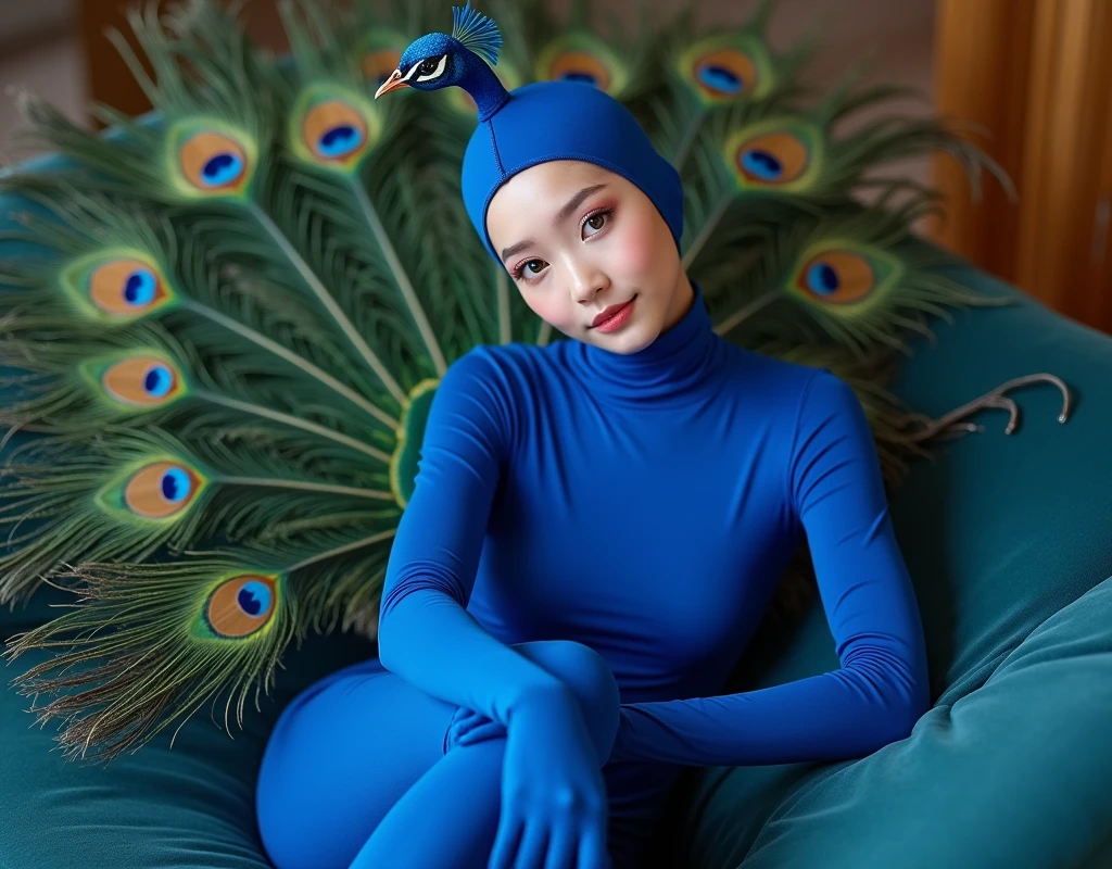 The beautiful Chinese asian adult girl with beautiful cheeks wears peacock lycra turtleneck zentai unitard catsuit with large peacock tail and peacock lycra elastane stretchy dancewear inner hijab-like zentai open face hood covered with peacock feather.She is happy.She always put real peacock eyeshadow makeup that are made of blue colour makeup pen.She acts a peacock.She is at Jungle.When she opens her tail beautiful.