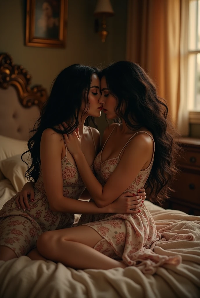 two girl kissing, see her ass,(bright lighting,romantic setting),dreamy background,,dark hair, mesmerizing gaze, , soft skin, alluring beauty, artistic portrait, high-quality image, vibrant colors,translucent black long silk gown, mosquito net, lying down, romantic bedroom