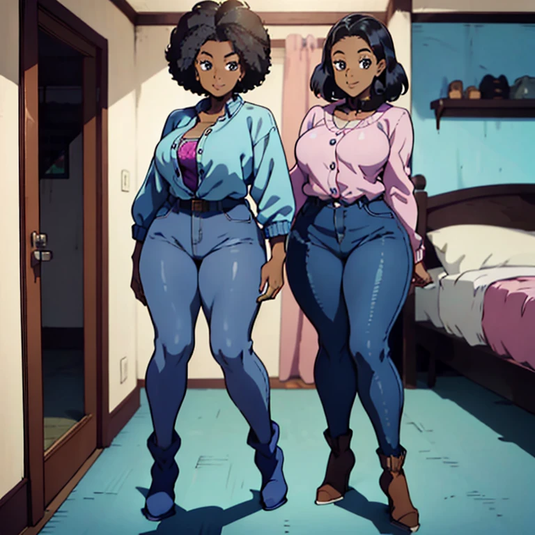 1 female, afro hair, black afro hair black girl afro hair, darker skin, brown skin, huge breast, thick legs, light blue eyes, pink sweater, blue jean, long jean, belly button long shirt, boots, home, bedroom, happy face, thick ass, butt butt, sexy pose, walking, smile, sitting down, eating, pizza
