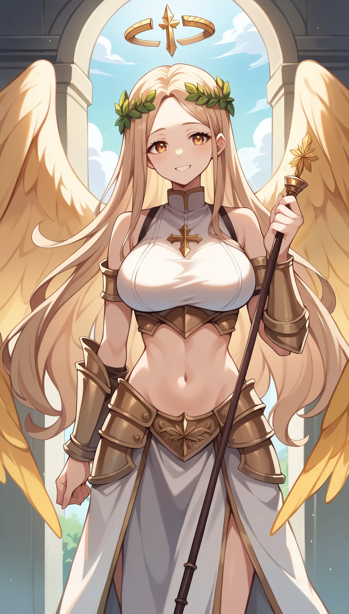 (masterpiece:1.2, Best Quality),(anime), woman,smile,Angel,knight,Laurel wreath,Half naked,Sleeveless,armor,Long Hair,Half Up,Forehead is visible,stomach,Beige hair,Golden Eyes,Very large breasts,Four Golden Wings,temple