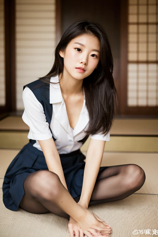 (Best Quality, masutepiece, hight resolution, High resolution:1.37), (Raw photo:1.2),(Photorealsitic:1.24),in 8K,Japanese beautiful actress, Solo, Very detailed image, a beautiful detailed girl, extremely detailed eye and face, beatiful detailed eyes, Ridiculous, unbelievable Ridiculous, huge filesize, ultra-detailliert, hight resolution, ighly detailed, top-quality, masterpiece, Kemomimi, ((Japanese girls' high school uniform)), illustratio, ighly detailed, unification, 8k wallpaper, magnifica, finely detail, masterpiece, top-quality, Highly detailed uniform 8k wallpaper, Light on the Face、电影灯光、 girl、((witheout panties))、((dynamicposes)))、(camel's toe)、(half)、(panthyhose)、(Sitting on legs bending the knees))