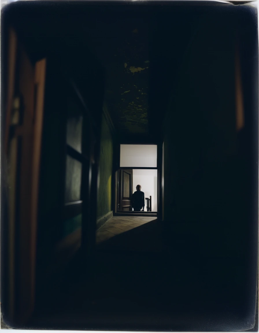 photograph of the interior of an old house half plunged into darkness, eyes watching us from the shadows, polaroid, Urbex at night