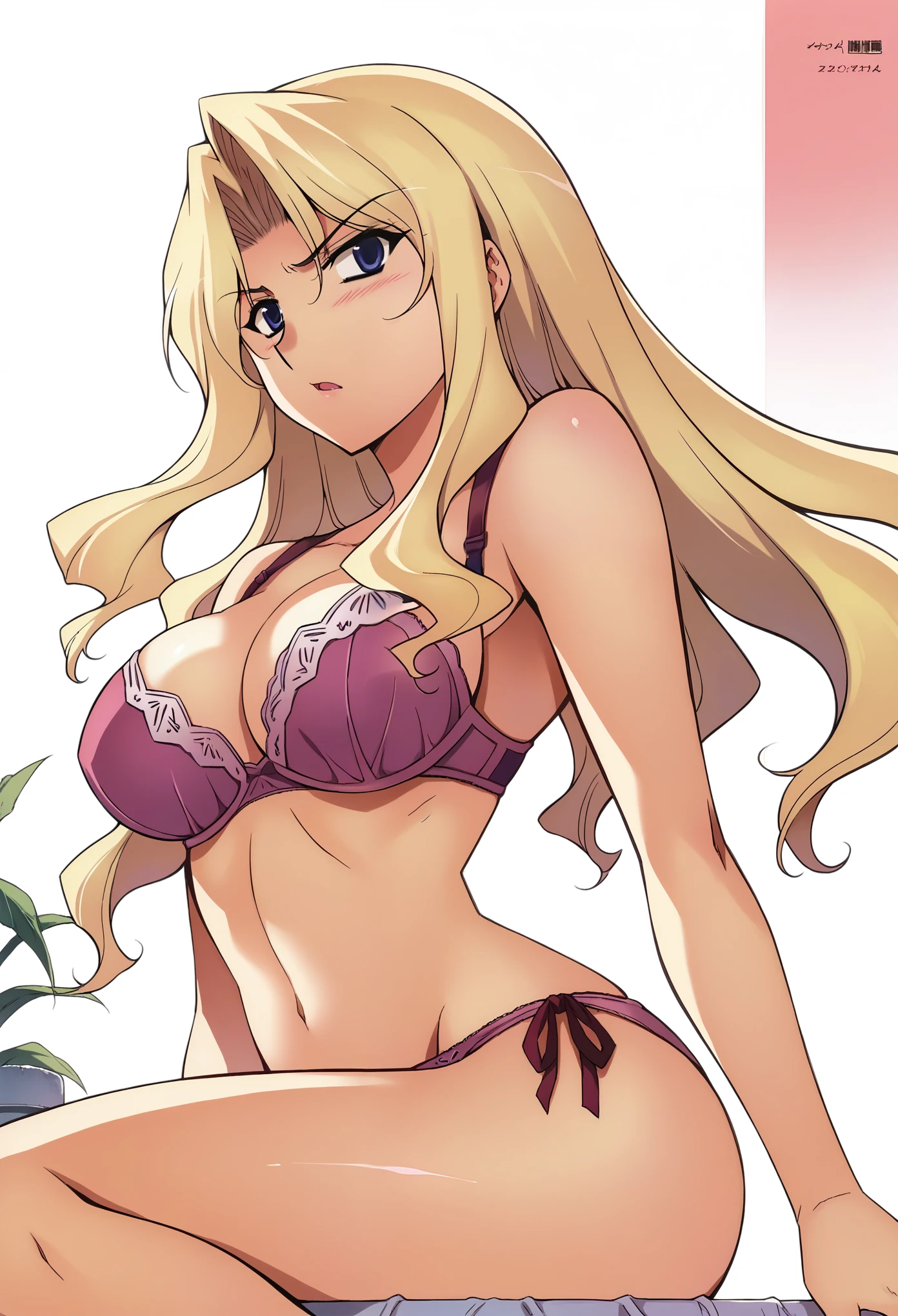 score_9,score_8_up,score_7_up,score_6_up, takeda hiromitsu style,1girl, large breasts, 1girl, elizabethmably, blonde hair, long hair, blue eyes, elizabethmably, blonde hair, long hair, blue eyes,, pink bra, pink panties, side tie panties, blush, open mouth, serious