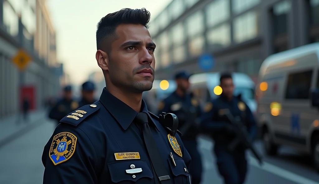 São Paulo police officer with angry looks and hands in pockets.