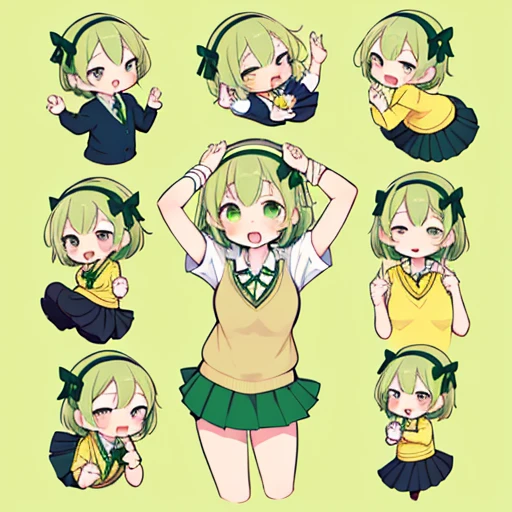 like emoticons, long tongue, show tongue, Aayotsuba, short hair, hair ribbon, green ribbon, hair band, green bow, collared shirt, Sweater-vest, yellow sweater, Short sleeves, green skirt, pleated skirtsimple background