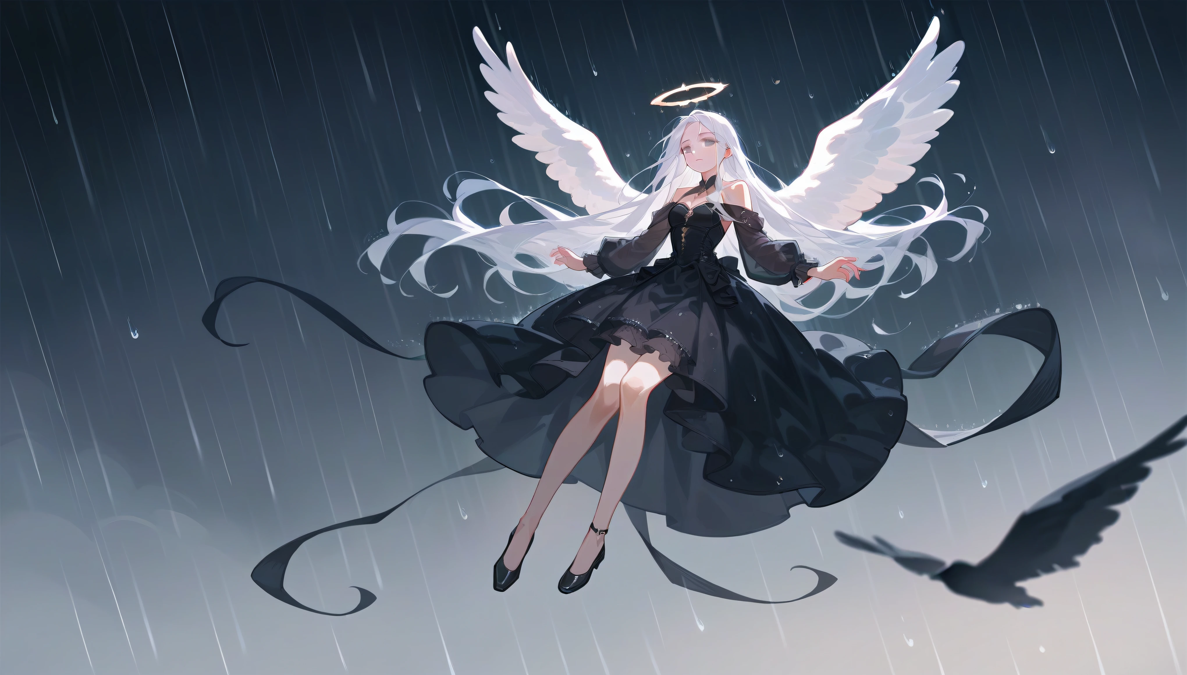 1 girl, angel, long hair, black dress, flying, rain heavy, beautiful, full body