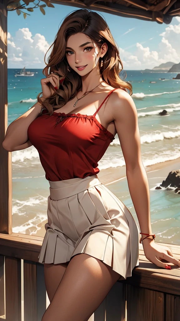 Masterpiece,best quality, highres, perfect anatomy, 8k,Muscular woman,beautiful, tight dress, tube top,brown hair, dark skin tone, gigantic breasts,smiling and looking at the camera, standing, sun rays, window lighting, hdr, antialiased, 8k, sharp details, (hdr:1.2), (muted colors:1.2), RAW photo, film grain, Fujifilm XT3, highly detailed, masterpiece, slendered abs, puffy lips,flexing at viewer