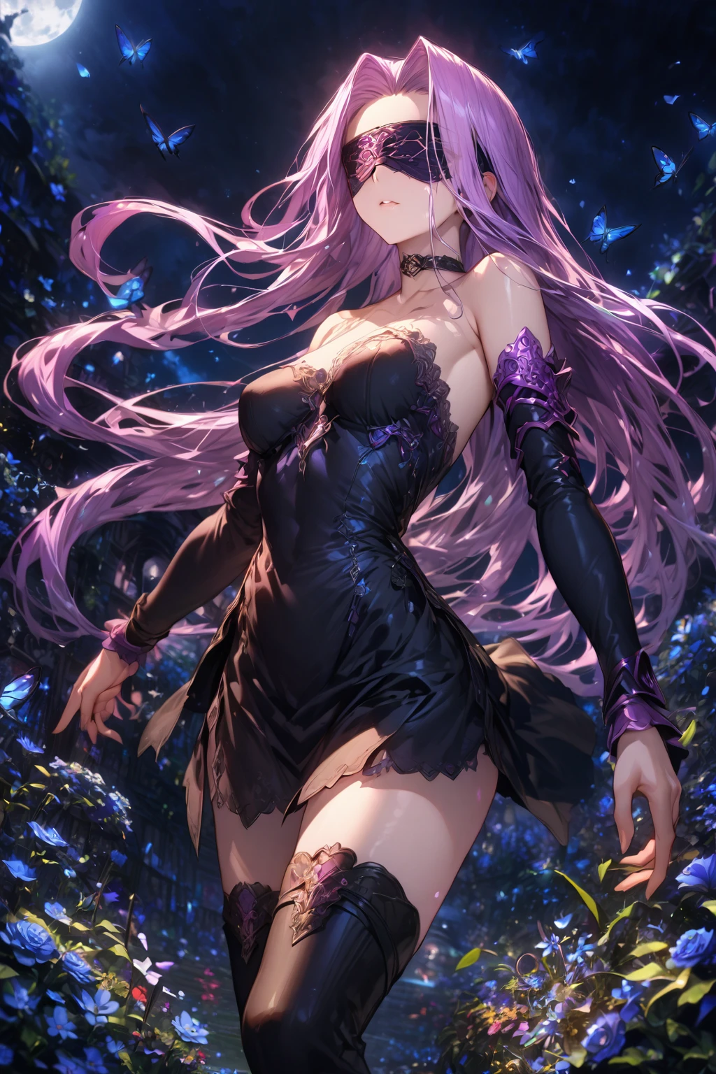 absurdres, highres, ultra detailed, HDR, master piece, best quality, extremely detailed, detailed face, Medusa, Rider, long light-purple hair, Fate Stay Night, solo, woman, beautiful, blindfold, choker, black leather dress, detached sleeves, black boots, garden, blue flowers, blue butteflies, fantasy, magical, blue moon, night