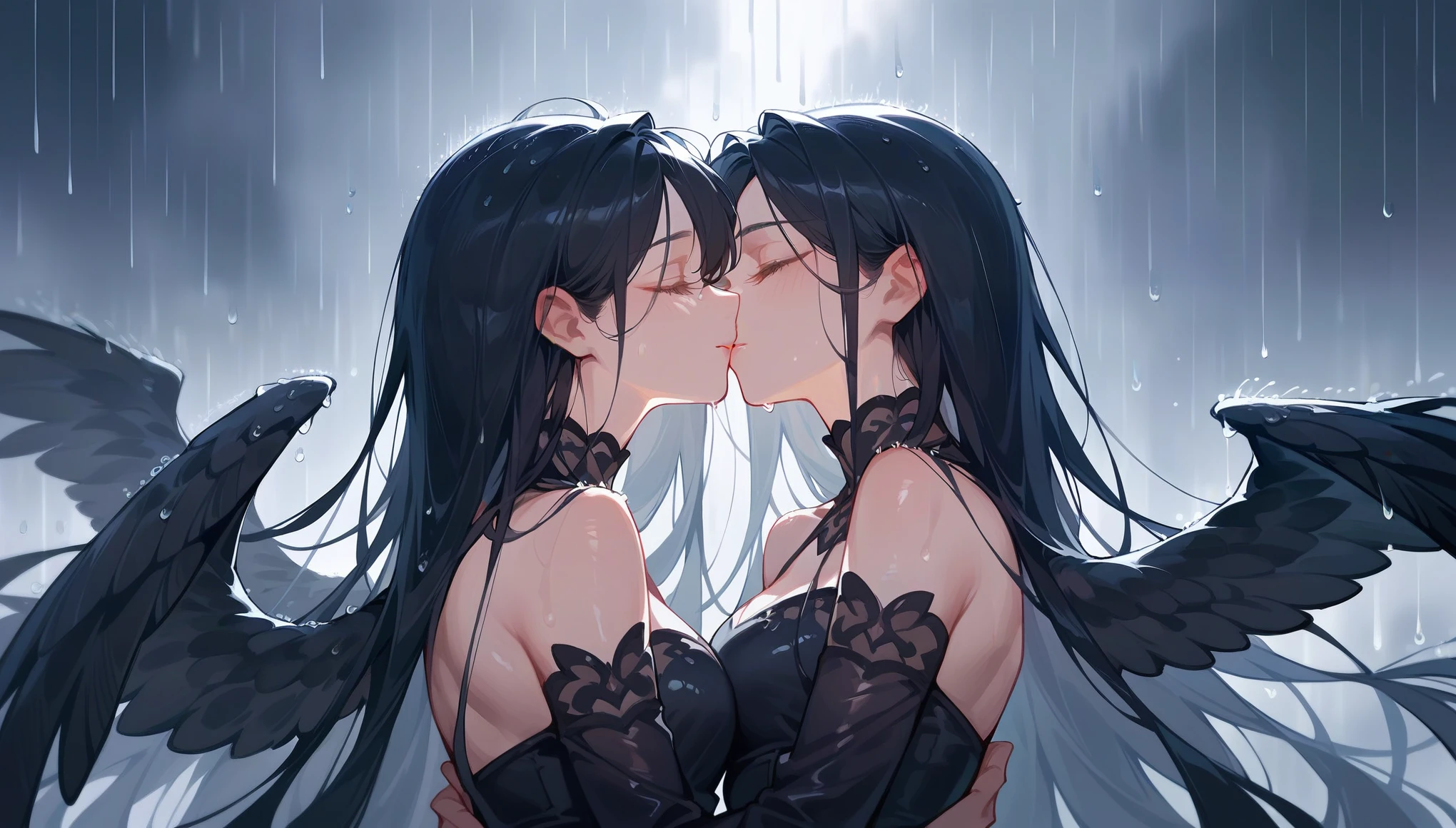 1 girl, black wings, long hair, black dress, rain heavy, beautiful, face close