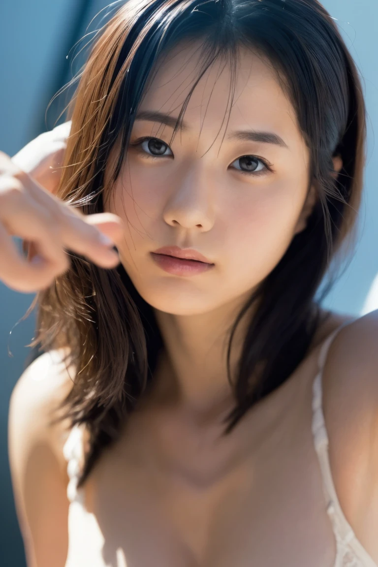 realistic, high quality, a bikini girl walking on street, Detailed iridescent bodysuit with beautiful fractal or marble design:1.5, cleavage, beautiful face, beautiful lips, golden long hair, high quality, insane details, professional lighting, cool pose, cinematic, 8k wallpaper, smiling, sharp