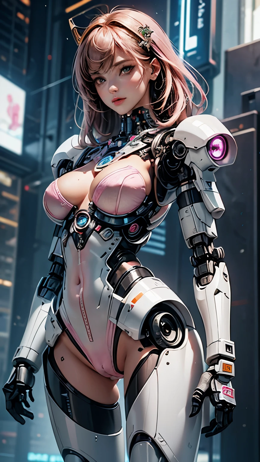 Cyborg girl, beautiful girl, young girl, thin girl, thin waist, medium breasts, gap between thighs, (she has cybernetic arms, robotic arms), (she has cybernetic legs, robotic legs), cyborg, cyberpunk, futuristic, futuristic setting, cyberpunk setting, daylight, wearing a small panties, micro panties, (pink panties), tight panties, ((cameltoe: 1.3)), cowboy shot, front, frontal, (((​masterpiece)))、((top-quality))、(The ultra-detailliert)、8K