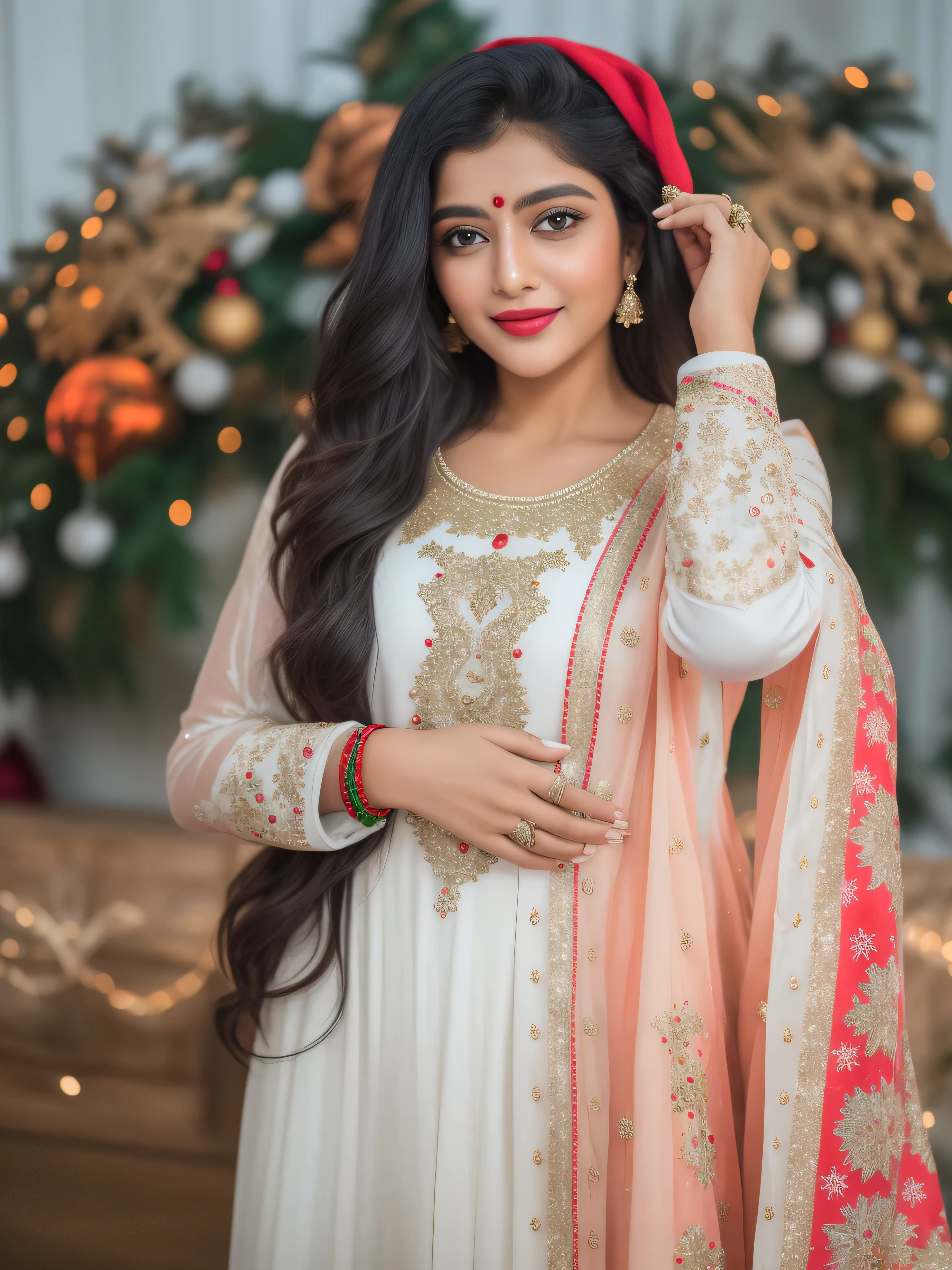 a woman in a white dress posing for a picture, traditional beauty, with lovely look, idian dress, * colour splash *, indian, indian style, inspired by Ambreen Butt, very beautiful enga style, indian girl with brown skin, modeling shoot, traditional clothes, traditional dress, traditional, very extremely beautiful, cute beautiful, indian goddess, kyza saleem,HD, (finest details), (best quality), Merry, Christmas decorations, night, Christmas theme, Christmas gifts, Christmas tree, best quality, high resolution, Christmas decorations, lights, snowflakes, (( (Red Christmas hat))),