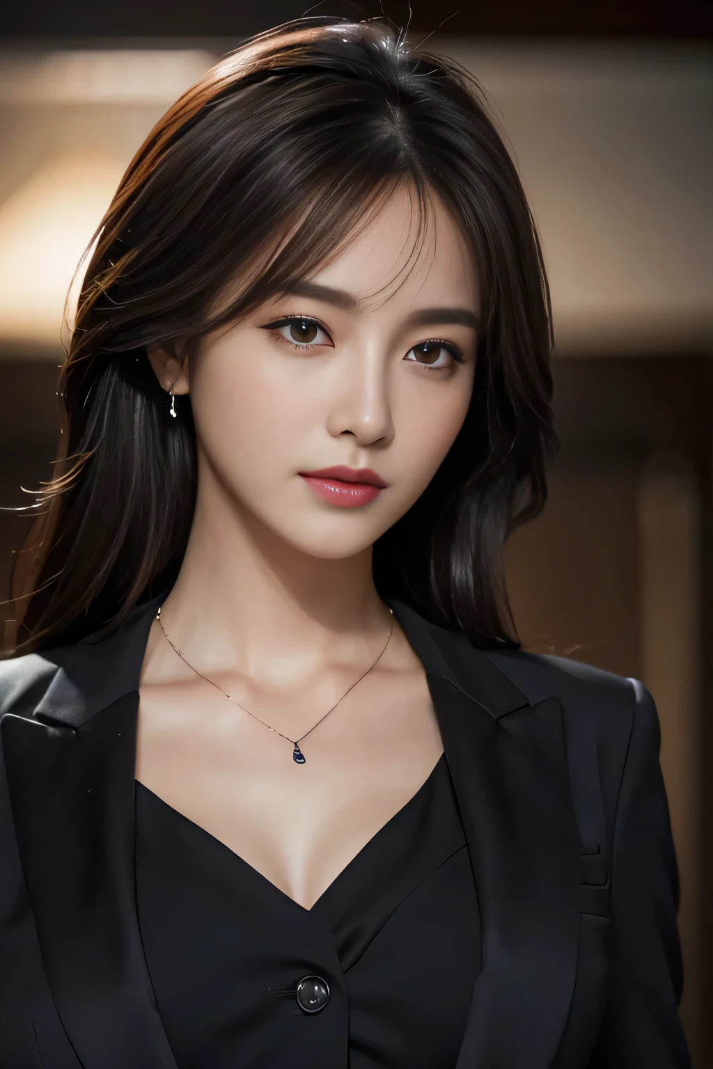 A woman in a black suit and necklace posing for a picture - SeaArt AI
