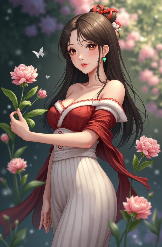 8k high quality detailed,highres,anime,comic,detailed image,
(an illustration of a teenage girl posing,an illustration of girl,teenage girl,magazine_sheet),(magazine_illustration),
(, belle,1girl,long hair,wavy hair,brown hair,brown eyes,lipstick,medium breasts),Melancholy Smile,detailed_face,
((Sitting on a park bench, holding a bouquet of flowers, with a smile of joy and gratitude,):0.8),
((, rc,china dress):0.85),(,realistic clothing texture,realistic_skin_texture),<lora:belle:0.7>,<lora:rc_20240129110848:0.6>,<lora:more_details:0.2>