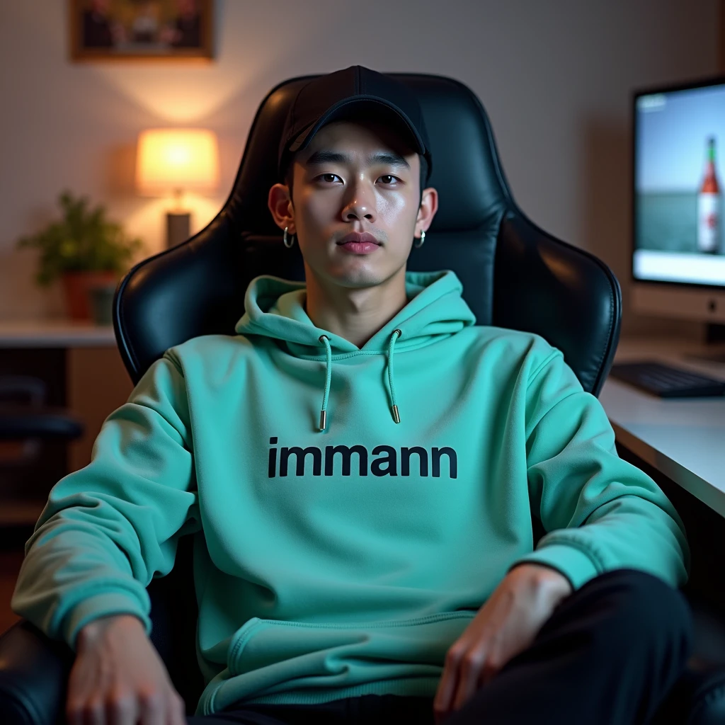 The Arafed man sits in a chair in front of neon lights, ryan jia, Li Zixin, steve zheng, jeremy cheung, emmanuel shiu, jesper esjing, peter xiao, reuben wu, simon lee, Chen Zezhou, Wang Qichao, mid shot portrait, Cao Shuxian, wenjun lin, steven jung, wei wang