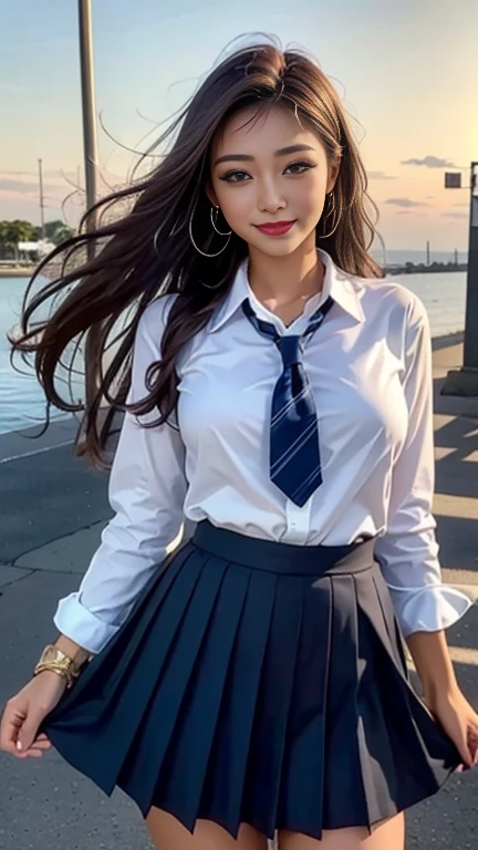 photorealistic, high resolution, 1women, solo, hips up, jewelry, tattoo, wavy hair, school uniform, shirt, mini skirt