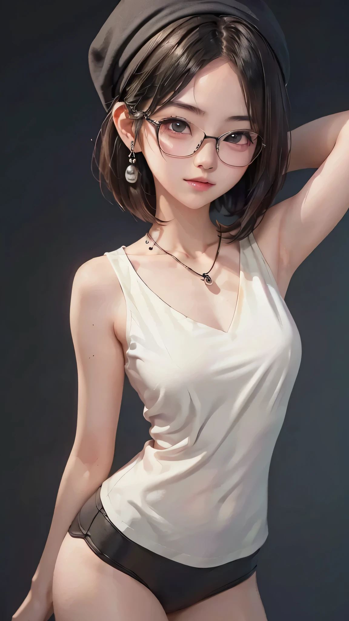 Not fit for work, young, anime girl, glasses, black hair,blows, without underwear, short hair, skull earrings, black skull cap, open clothing, horsetail, Medium layer hair, big breasts, high quality, armpits, looking at the viewer, black background, heart necklace, medium shot, tempting