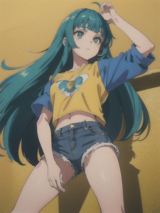 masterpiece, 1girl, green hair, blunt bangs, aqua eyes, solo, long hair, 1980s style, (anime: 0.91), yellow t-shirt, denim shorts, highres