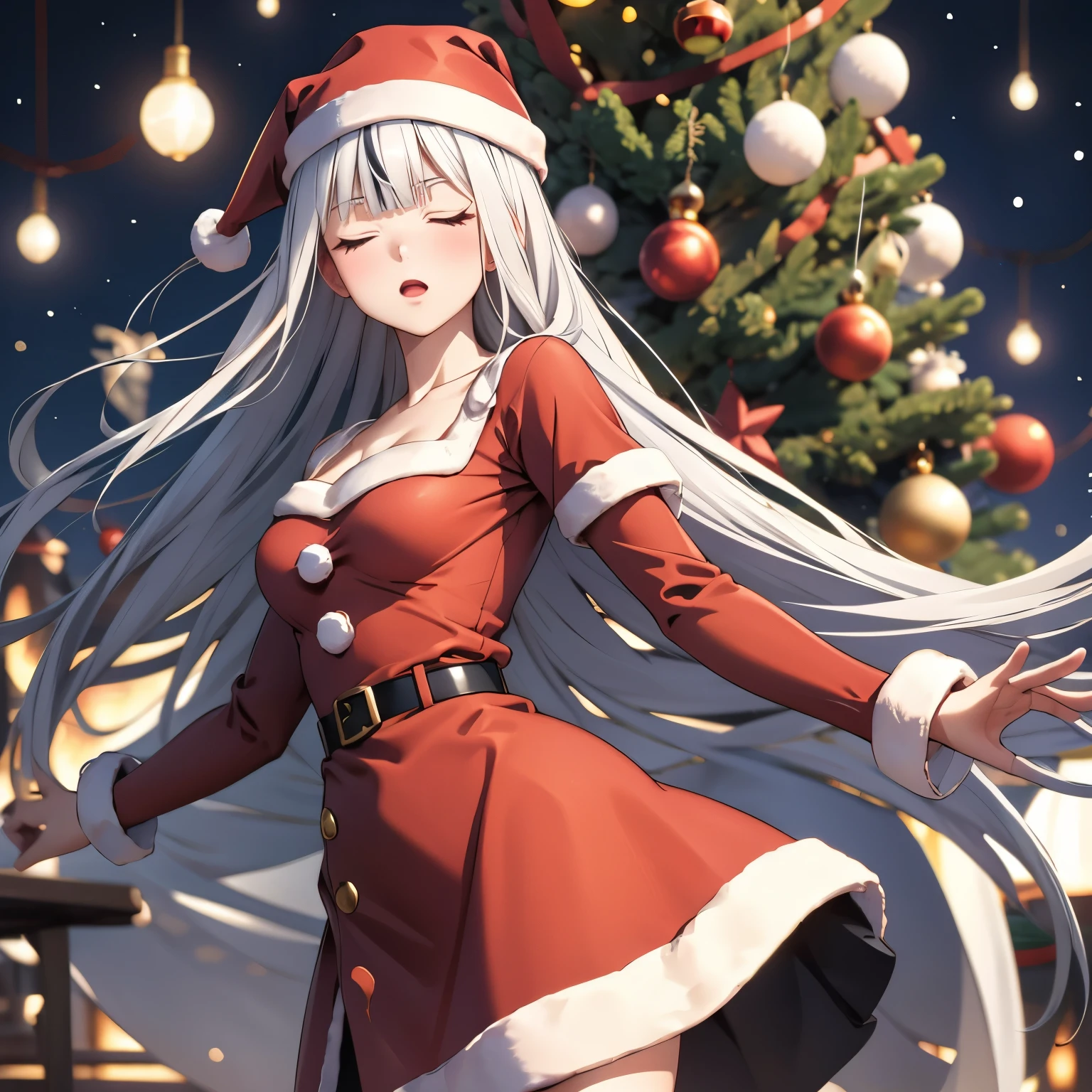 Atlas Fayon woman 40 years old, white hair with black stripes ,white tiger ears, Eyes closed, mujer ciega con Eyes closed, big cowboy shot, (Santa Claus dress) christmas tree background.