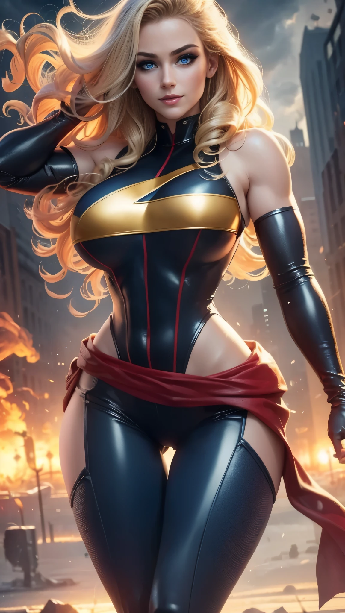 Carol Danvers da Marvel,(best qualityer,4K,8k,high resolution,work of art:1.2)(weather: cloudy), new york background, city ruins, wide hips, long curly hair, blonde hair, sleeveless leotard, arm long gloves , red belt, thigh high boots, light makeup, mask, heroic pose, ultra detailed,portrait,realistic,beautiful detailed blue eyes, beautiful detailed lips,extremely detailed eye and face, long eyelashes,average, large breasts,flying hair,beaming smile, sexy smile,powerful girl in combat, bright coloured, dramatic lighting, torn clothes, smoke,