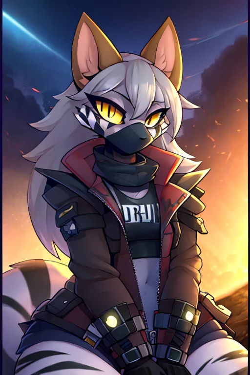 anthro furry tiger, ((anarchist)) (rides a tank), absurdity, High resolution, ultra detailed, 1 girl,oversized jacket with ,whole body, original character,girl,gray hair,yellow eyes,shoulder length hair, complex black mask, {best quality}}, {{masterpiece}}, {{ultra detailed}}, {illustration}, {detailed light}, Nuclear fusion