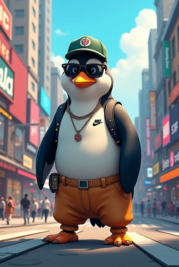 A penguin wearing a rapper cap and with tattoos