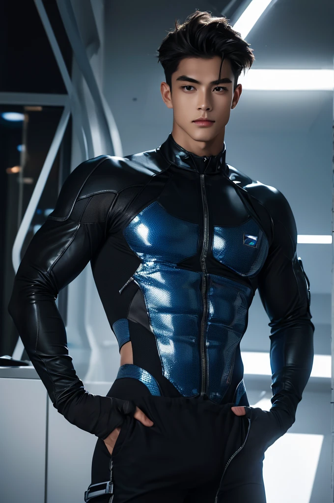  young handsome hunky white haired muscular metahuman  bright white glowing skin,, wearing silver full body micro honeycomb textured skin tight suit latex spandex .with gloves 