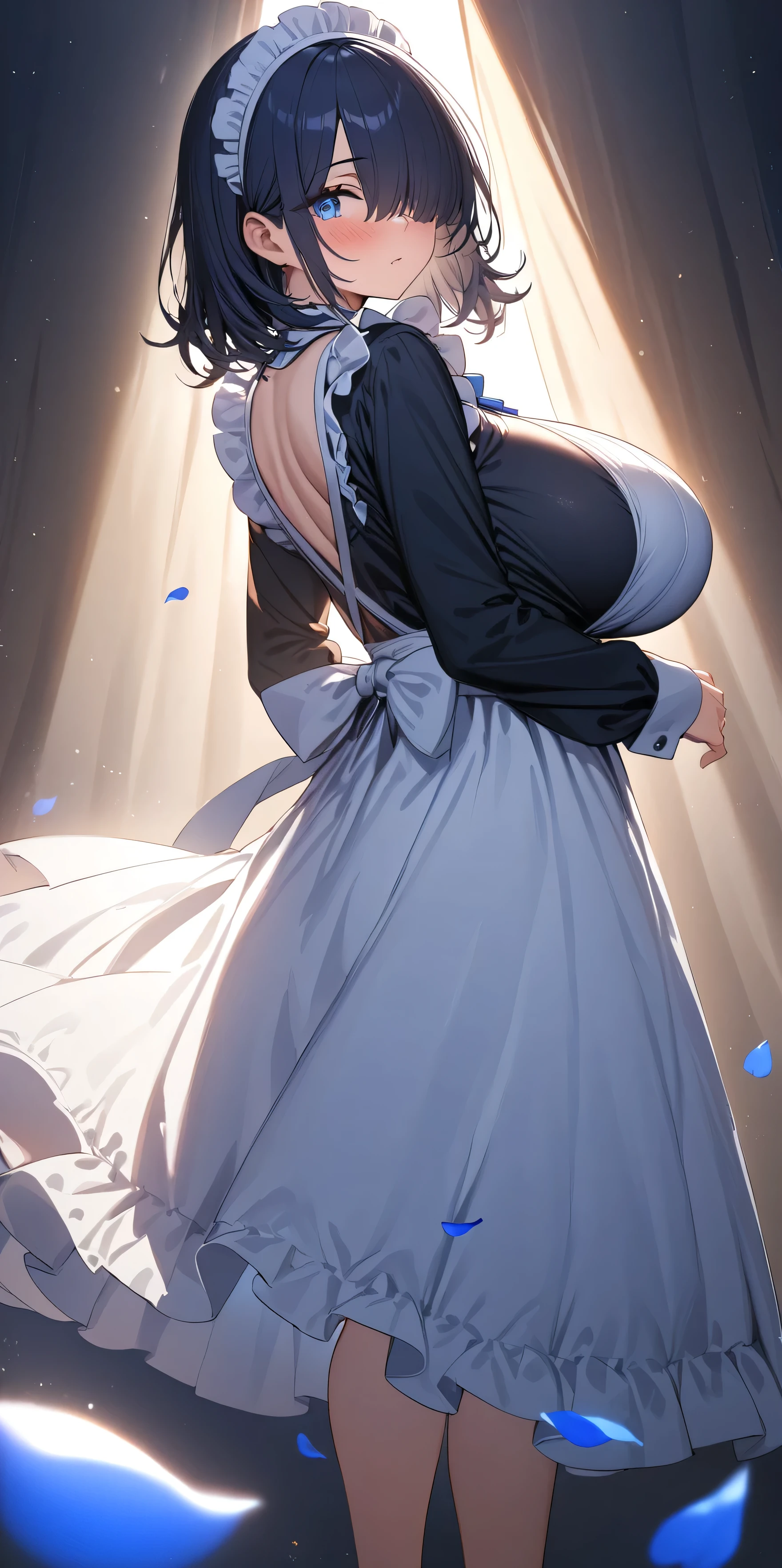 (masterpiece, Highest quality:1.2), 1girl, Black medium hair, (maid dress), growing light, ((blue eyes)), ((big breast)), light particles, long bangs, bangs, high detail, glowing light, bloom, standing, ((hair over eyes)), eyes visible through hair, back light, natural light, blush, mature, long sleeves, white background, full body, heels, blue petals