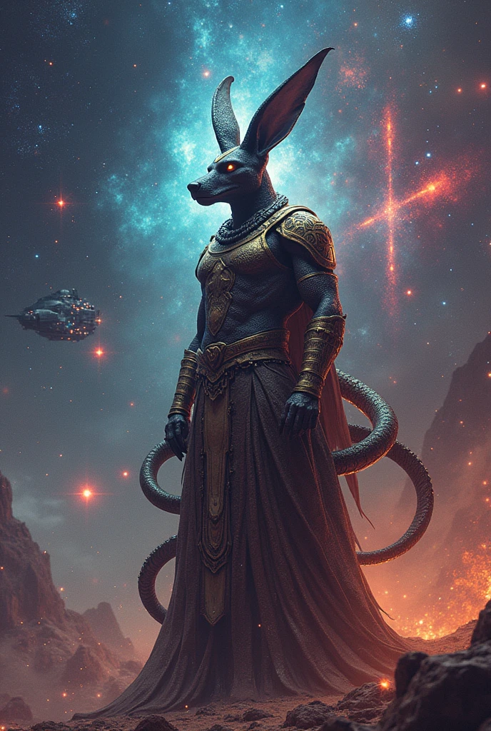 Anubis, dragon serpent, colorful star field, laser Cross on space ship
