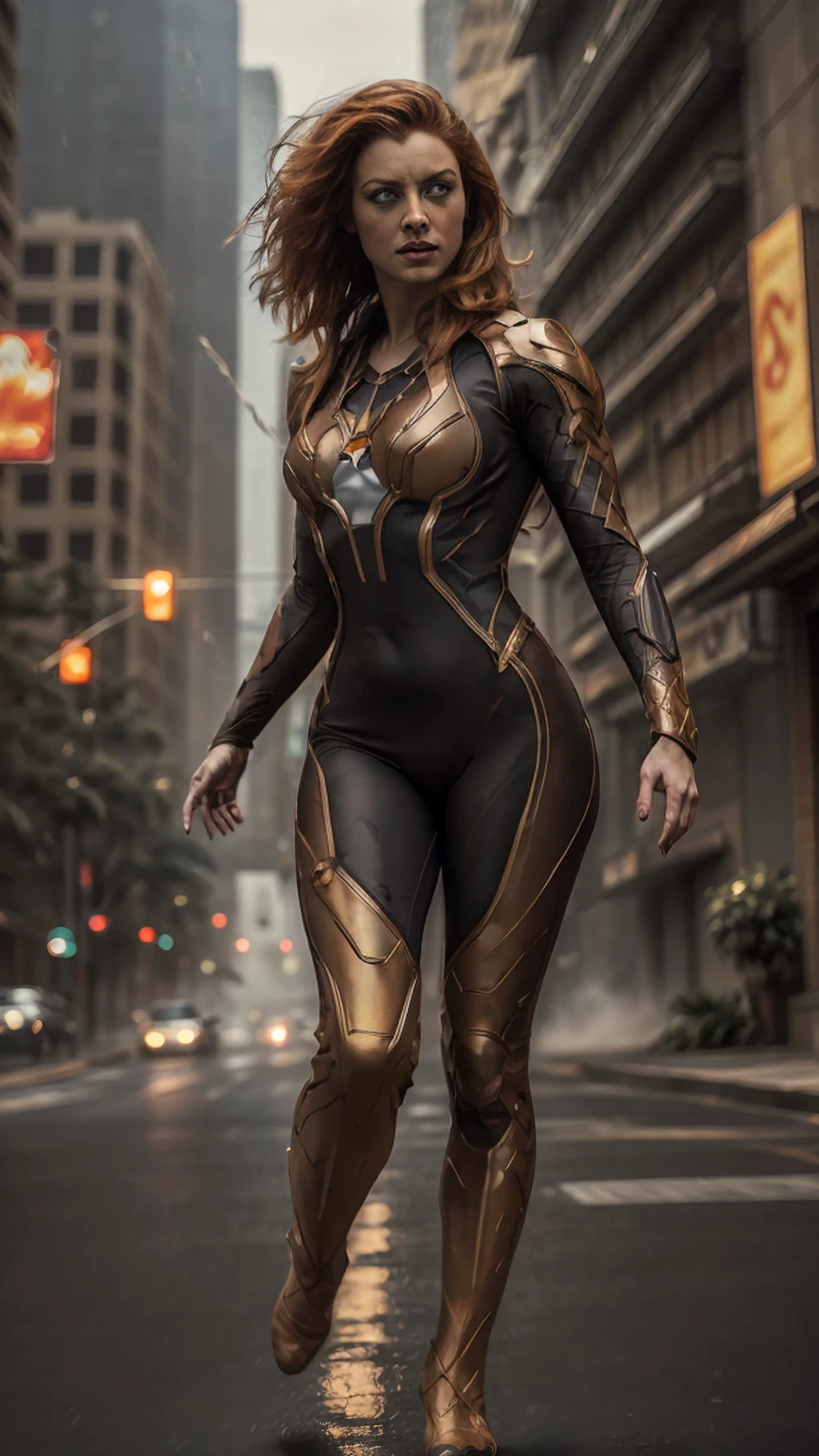 ((Full body photo, standing, feet on the floor))  (realistic, photorealistic), cinematic film still , (best quality:1.27), (masterpiece:1.27), (detailed:1.17), perfect orange tiger eyes,  dynamic,   CheetaraQuiron character  action hero pose , movement effect superspeed, speed lines,  light trails with motion blur effect, dynamic movement, foreboding scene,  explosions, fog, lightning, Doomsday,  leotard, upper body, abs, (muscle legs),  . shallow depth of field, vignette, highly detailed, high budget Hollywood movie, bokeh, cinemascope, moody, epic, gorgeous, film grain, grainy,  (high quality skin), (high detailed face skin), (realistic iris), (realistic pupils), (skin pores), (skin imperfections:0.27),