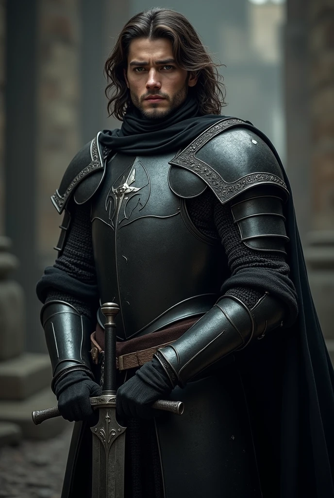 Young knight with dark brown hair down to his shoulders, a semi - SeaArt AI