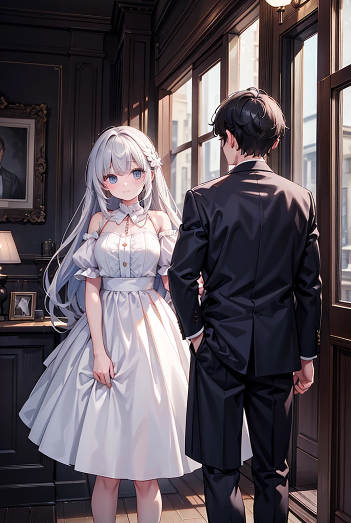 A man stands behind a beautiful young girl. He uses his right hand to hold the girl&#39;s left hand and put it behind her back. He puts his left hand on the young girl&#39;s mouth. The girl has short brown hair, blue eyes, and white skin. She is wearing a black shirt and a black skirt.