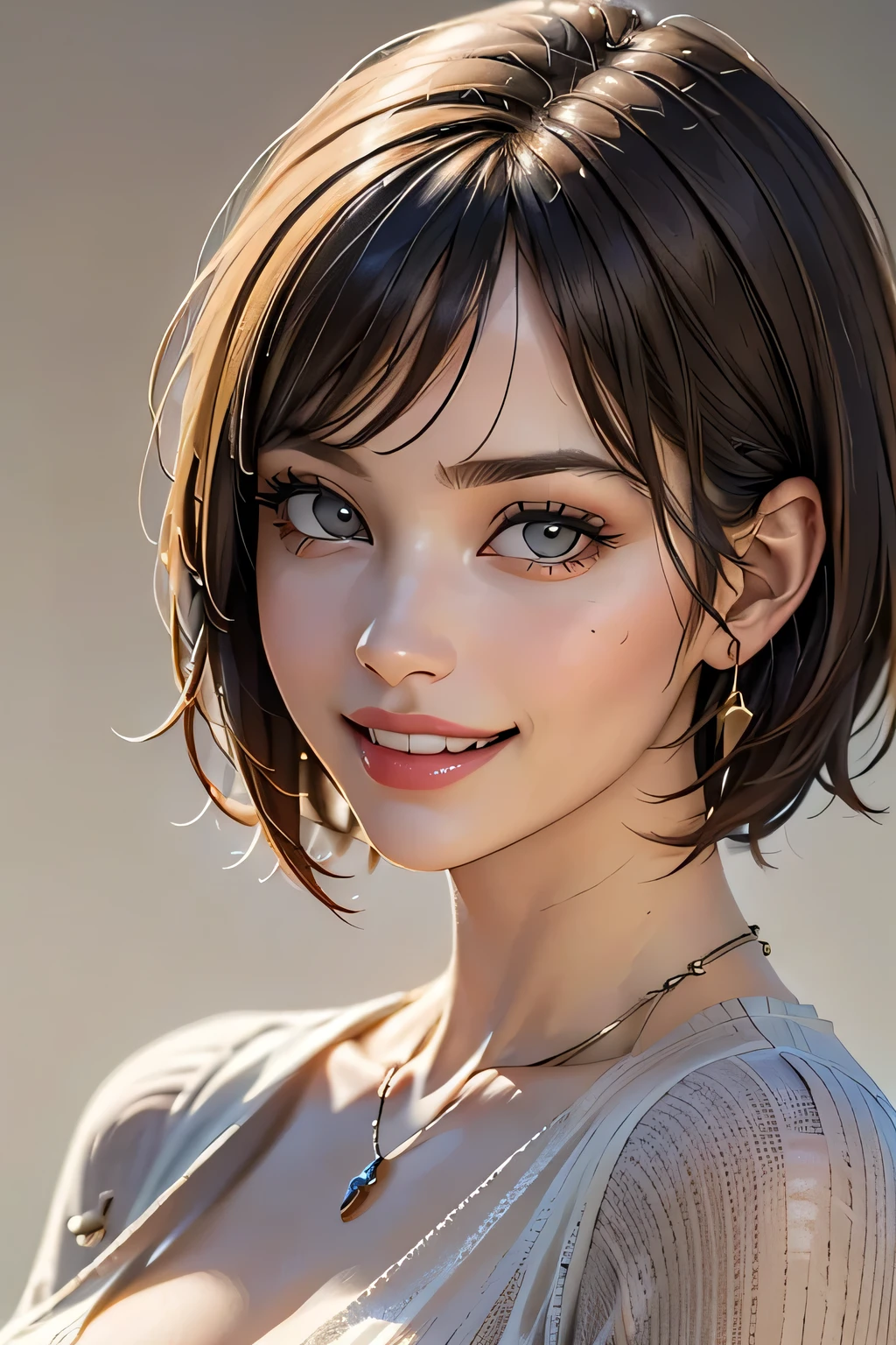 (1 Beautiful woman, supermodel), (Perfect Anatomy), Anatomically correct body shape, (cowboy shot), Golden Ratio, (Best Quality:1.4), 32k resolution, (Realistic:1.5), (Hyper Realistic:1.5), High resolution UHD, (masterpiece:1.2)), (Improved quality:1.4), (Very beautiful facial details), (Grin), (Best quality realistic skin texture), ((random color silk dress:1.37)), Big earrings, necklace, (huge Breasts:1.3), ((thighs)), (huge ass), Accurate Fingers, Very detailed, Beautiful Eyes, Double eyelids, Eyelashes, Shaping your eyebrows, ((Very detailed portraits)), Red cheeks, Ultra-realistic eyes, Perfect Lips, Perfect Eyes, Perfect Iris, Natural Makeup, [Pink lipstick], ((A great eye for quality:1.2)), (Beautiful Lips:1.33), (Great nose:1.2), (Large Breasts), brunette pixie cut, ((Realistic)), ((Sharp focus)), (Highest Resolution), ((The most ridiculous quality)), ((masterpiece)), Professional Cinema Lighting, See-through
