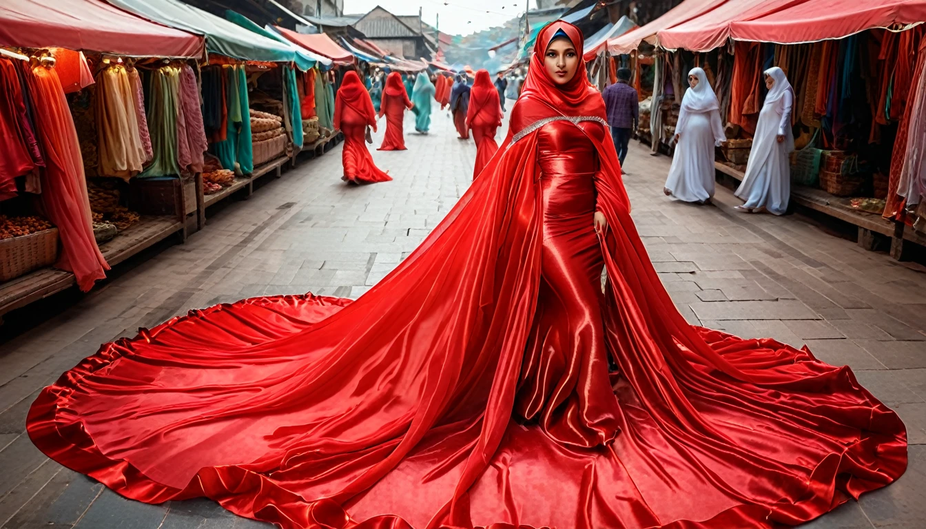 woman shrouded in a 10-meter-long, plush red semi transparent satin shimmer cloth, tightly bound and grandly draping along the form of her body, flowing off into a pooled floor-length train, styled in a mermaid-inspired outfit, her head modestly veiled in a satin hijab with transparent veil,walk in traditional market, a full-body pose conveying a sense of mysterious elegance, captured in a 4k resolution, ultra-realistic