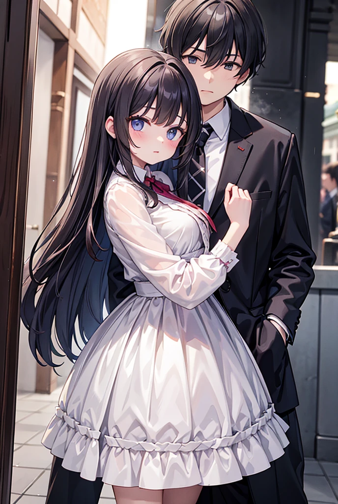 A man stands behind a beautiful young girl. He uses his right hand to hold the girl&#39;s left hand and put it behind her back. He covers the young girl&#39;s mouth with his left hand while she holds his hand with her right hand to keep it away from her mouth. The girl has short brown hair, blue eyes, and white skin. She is wearing a black shirt and a black skirt.