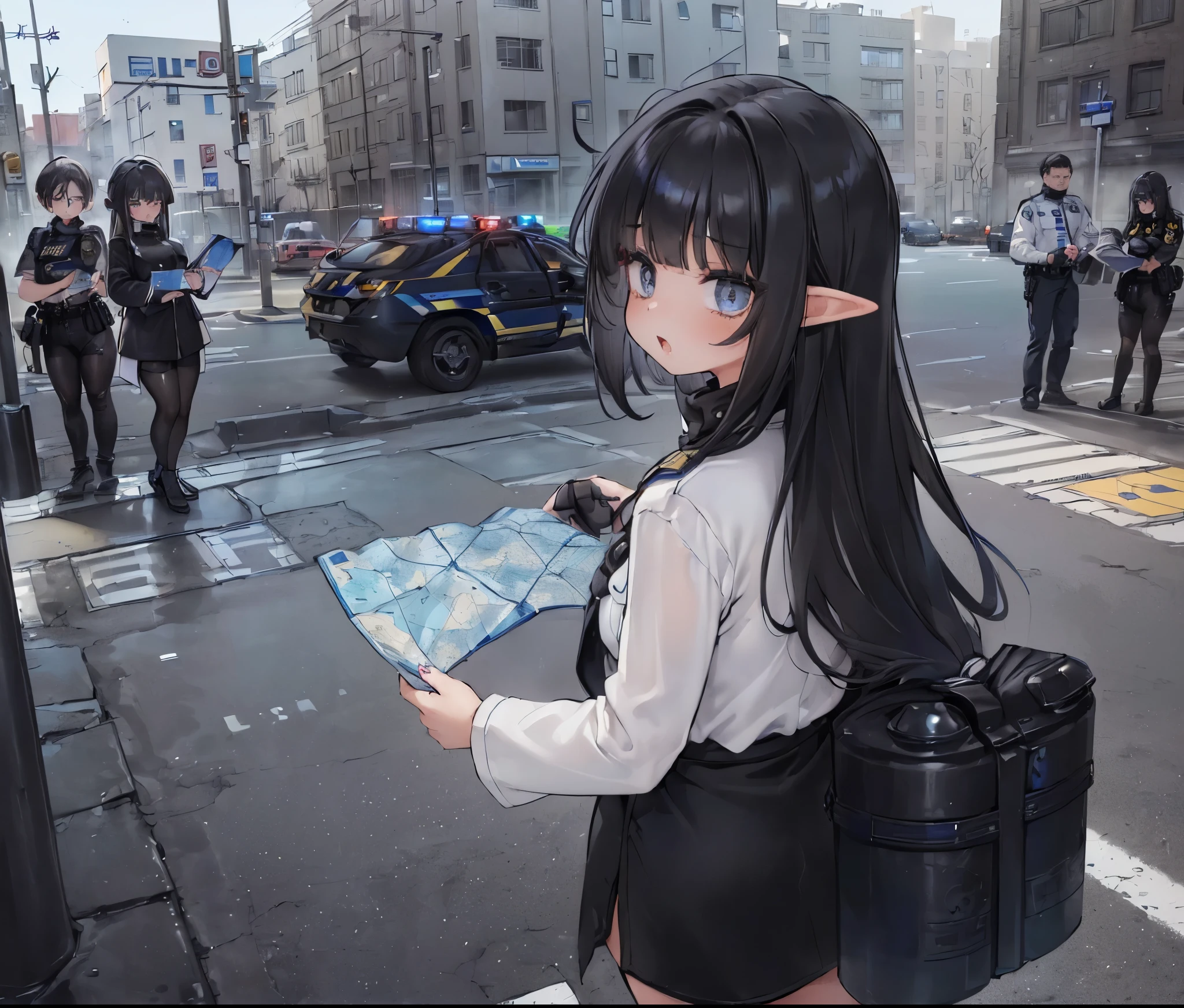 8K,(masterpiece),high resolution,best quality,(ultra-detailed),ultra detailed eyes,girl is elf,(black color hair:1.3),(inner hair color is white :1.8),(gloom),(sweat,tears:0.8),(earth eyes,:1.4),(long hair,elf ear),open mouth,(wear black fantasy coat and Turtleneck shirt,carrying the load on your back:1.4),standing,(she asking directions from two police officers of man:1.9),(holding a map:1.5),on the ciy road
