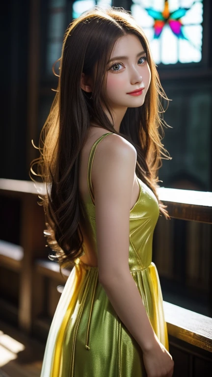 (extra detailed body、extra detailed face、best qualtiy:1.2)、femele、looking at the viewers、(Transparent hair、Very fine hair、Hair shining in the light、Golden hair、Straight hair:1.5)、Jewelry Earrings、lace choker、(Green dress:1.5)、dress with fancy decorations、lace dresses、See-through dresses、small tits、beautiful foot、dynamic ungle、Full body photo、Glitter background、