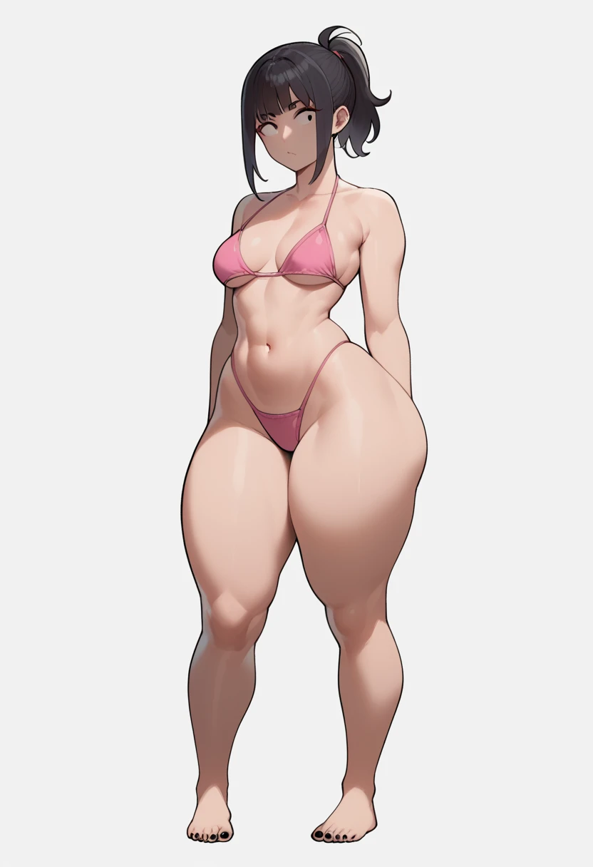 Score_9, score_8_up, score_7_up, score_6_up, source_anime, Nyantcha style, 1girl, solo, short black hair, short ponytail,  standing, sharp outline, pink bikini, medium breasts , thick thighs, massive thighs, wide hips, thick legs, barefoot, black nail polish,small feet, full body shown, white background, , short height, round head, simple eyes, round face, thick thighs pressed together, short legs, slim waist, slim stomach, adult woman