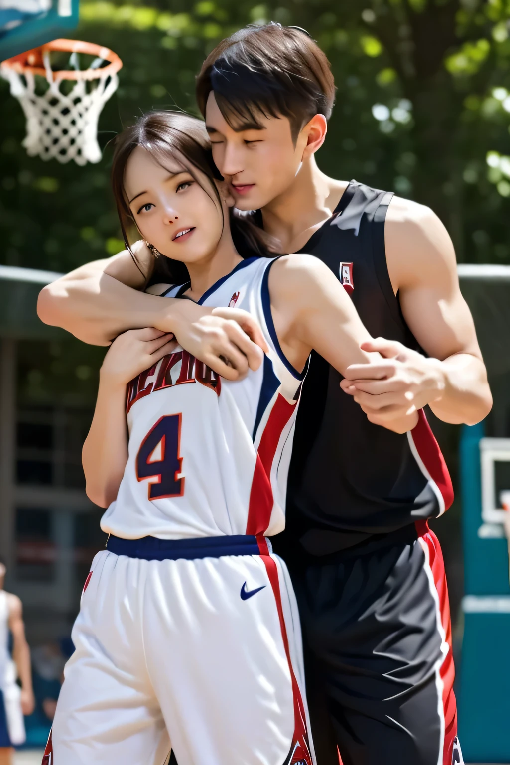 (masterpiece、Best Quality)、The clothes are see-through、basketball、basketballの服、sweat、A man hugs her from behind、Man grabbing hand、A man touches his chest、Shooting position、Leaning forward、a man touches his clothes、Man puts his hands in his trousers、Looking at this, I laugh and cry