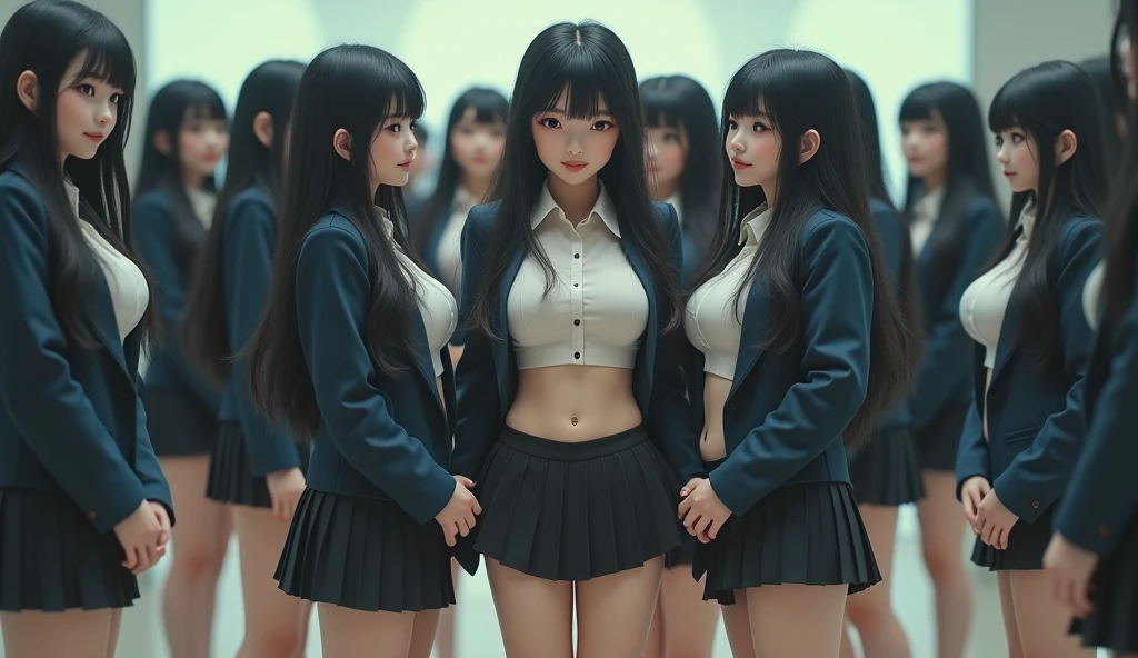 In prison, black collar, three cheerleaders, 16 years old, (looking at viewer), (arms behind back), (symmetrical pose), sports bra, navel exposed, pleated micro-mini skirt, socks, being trained by master, sad expression
